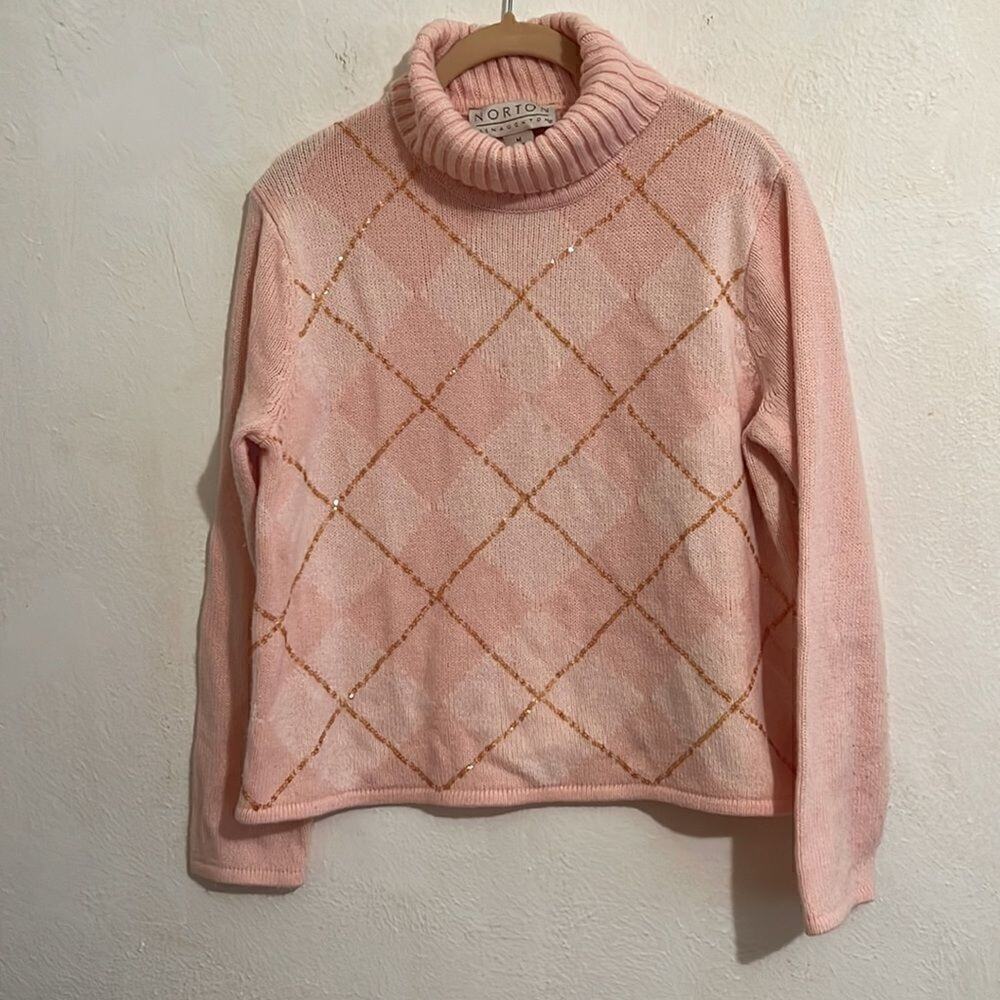Norton Light Pink/ Peach Argyle Long Sleeve Turtleneck Sweater with Sequins  M